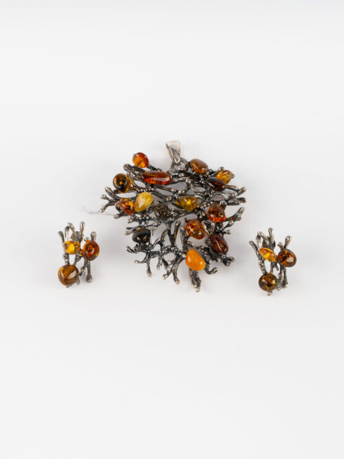 7R501804-Edit Komplet artystycznej biżuterii srebrnej z bursztynami